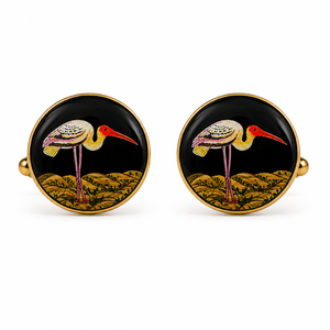 Mancuernillas de Latón Esmaltado Hechas a Mano de la India, Diseño de Cigüeña de Rajasthan, Base Negra con Acabado Dorado para Hombres, Ocasiones Formales - Product Image 2
