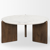 Table basse de salon contemporaine à plateau rond en marbre blanc avec trois pieds pliants en bois de manguier massif pour la maison ou le bureau