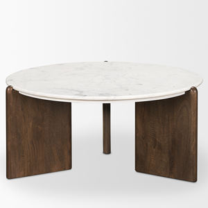 Mesa de centro de estilo contemporáneo con tablero redondo de mármol blanco y tres patas plegables de madera maciza de mango para uso en el hogar u oficina. - Product Image 2