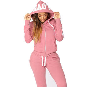 Wholesale Customized Women's <b>Pink</b> Hooded Anti-Odor Tracksuit Full Zipper <b>Sweatshirt</b> Pants Set Casual Winter Solid Colors - Product Image 4