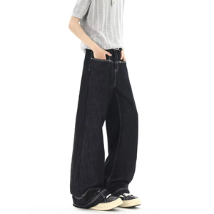 Jeans à jambes larges inversées pour hommes, denim indigo brut de qualité supérieure, surpiqûres contrastées, pantalon baggy streetwear avec patch brodé - Product Image 4