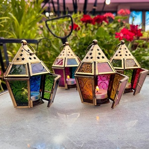 Moroccan Metal <b>Lantern</b> <b>Set</b> With Embossed Colorful Glass Panels For Home Decoration - Product Image 5