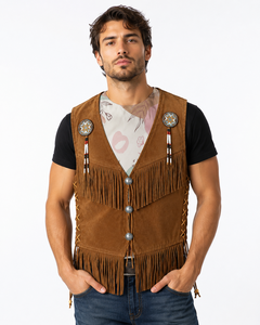 Gilet formel occidental pour homme de haute qualité, marron, en daim respirant, avec franges, perles et os, fait main, non tissé, col en V, pour l'été - Product Image 4