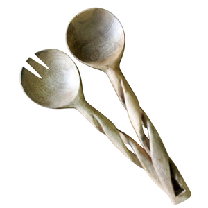 Juego de servidores de ensalada de madera artesanal de 2 piezas, cuchara y tenedor de madera de acacia ecológica con elegante grabado de hojas para la cocina. - Product Image 6