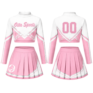 Pink <b>White</b> Sublimated Cheer <b>Long</b> Sleeve Uniform Set Pleated <b>Skirt</b> Athletic Team Sportswear Training Practice Performance Custom - Product Image 1