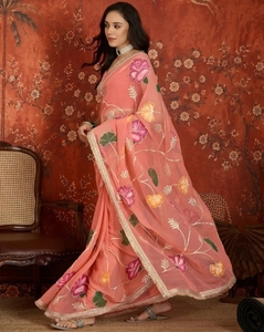 KV Women's Printed Bollywood Georgette <b>Saree</b> (<b>Orange</b>) - Product Image 6