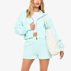 Conjunto de Sudadera con Capucha de Algodón Suave de Alta Calidad Personalizada para Mujer, con Logotipo de Encaje Estampado en Relieve, Cremallera Corta, Ecológico, 2 Piezas - Product Image 4