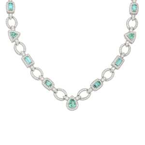 Geometric Link Chain <b>Choker</b> Necklace With Emerald Cut Diamonds Rhodium Plated 925 <b>Silver</b> Women's Luxury Jewelry - Product Image 1