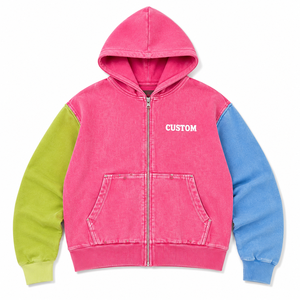 Custom Pink Acid Wash Color Block Full Zip Hoodie Heavyweight Fleece <b>Detachable</b> <b>Sleeve</b> Convertible Cropped Boxy OEM Streetwear - Product Image 4