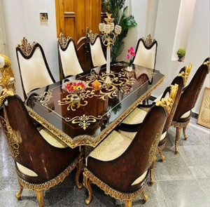 Opulent 8-seater European <b>dining</b> table set featuring silver-gold carved wooden frame and rich deep green <b>velvet</b> <b>chairs</b>. - Product Image 6