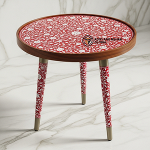 Red Meena Floral Design <b>Round</b> Wooden Side Table – Handcrafted Decorative Accent Table for Living Room & Bedroom - Product Image 2