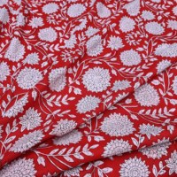Tissu en coton indien biologique et écologique, imprimé à la main au bloc, motif floral rouge et blanc Kalamkari, textile artisanal pour vêtements et décoration intérieure