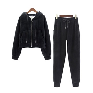 Conjunto Casual de Dos Piezas para Mujer, 2 Piezas, Sudadera con Capucha de Forro Polar Ecológico, Cierre de Cremallera, Patrón Bordado, Decoración con Botones, Traje Grueso - Product Image 3