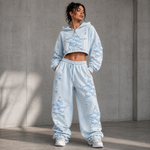 <span class=keywords><strong>Tuta</strong></span> da donna con felpa corta con cappuccio e stampa a stelle azzurre, pantaloni della <span class=keywords><strong>tuta</strong></span> lunghi, vestibilità ampia, casual, streetwear, con coulisse - Product Image 5