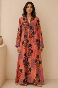 Boho Rust Orange Hand Block Printed Cotton Maxi <b>Dress</b> Women Floral Casual <b>Loose</b> Fit A Line <b>Dress</b> - Product Image 5