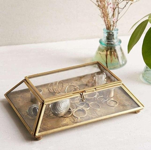 New stylish gold latest best sell Modern Geometric Pentagon <b>Glass</b> Jewelry <b>Box</b> with Gold Brass Frame Hinged Lid and Mirrored Base - Product Image 4