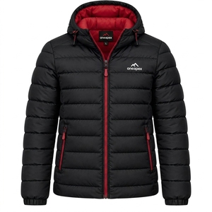 Veste matelassée noire pour homme avec doublure rouge, veste d'hiver à capuche, ONEAPEX, vente en gros, manteau chaud pour l'extérieur - Product Image 4