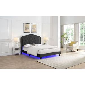 Letto con Piattaforma Illuminata a LED in Velluto Nero, Design Curvo Trapuntato, Facile Montaggio con Robusto Supporto a Doghe in Legno - Product Image 4