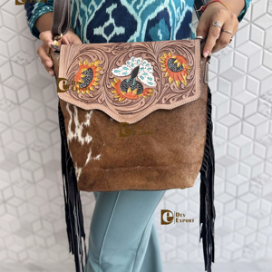 Western Cowhide Fur Leather Western Style <b>Bag</b> Hand Tooled Carving Fringe <b>Bags</b> New Design Hot Selling Shoulder <b>Bags</b> for Women - Product Image 1