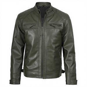 Veste en cuir de vache véritable vert olive pour homme, édition limitée, avec col montant, fermeture éclair, coupe ajustée, coupe-vent - Product Image 1
