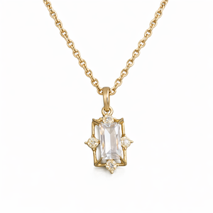 Collier pendentif en or massif 14 carats avec diamant baguette de 1,5 ct et pierres latérales, chaîne vintage avec cadre étoilé, cadeau pour elle - Product Image 1