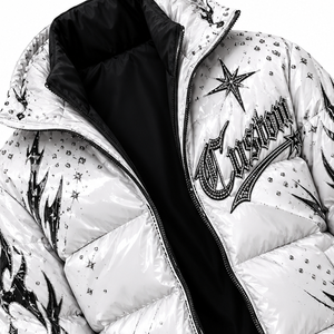 Custom <b>White</b> Puffer <b>Jacket</b> With Black Graphic Star Print Zipper Hooded Design Long Sleeve Winter Outerwear Warm - Product Image 3