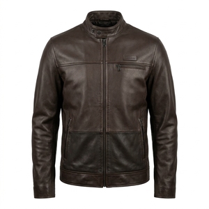 Dark <b>Brown</b> Full Grain <b>Leather</b> Biker <b>Jacket</b> Snap Collar Perforated Side Panel Men Moto Coat Bulk Vendor Factory - Product Image 1