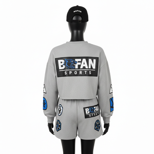 Ensemble court en molleton 100 % coton et polyester de qualité supérieure pour femme, gris, doux, respirant, avec logo personnalisé – Nouveaux ensembles pour femme - Product Image 2