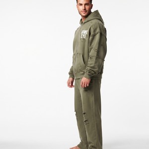 Conjunto Deportivo de Felpa de Algodón para Hombre, Sudadera con Capucha y Cremallera Completa, Hombros Caídos, Corte Holgado, Logotipo Personalizado, Color Verde Oliva Sólido - Product Image 3