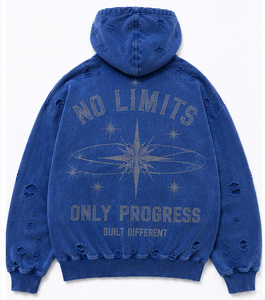 Sweat à capuche personnalisé avec logo en strass, surdimensionné, épais, zippé, effet vieilli, lavage vintage, streetwear, OEM, en molleton de coton - Product Image 2