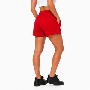 Shorts d'hiver pour femmes à taille haute en polaire épaisse avec cordon de serrage et poches latérales, personnalisables avec logo – Shorts de sport en polaire sur mesure - Product Image 4