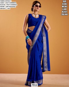 Sari traditionnel brodé en poly scintillant bleu saphir, idéal pour les fêtes de Diwali, anti-humidité et infroissable - Product Image 4