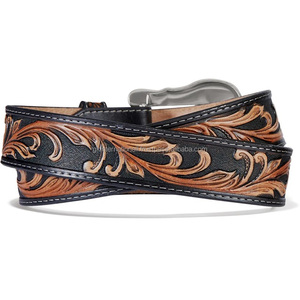 Factory Custom Durable Classic <b>Tooled</b> Leather Belts Fashion Black Brown Vintage Western Cow Belt with Floral <b>Engraved</b> Buckle - Product Image 1