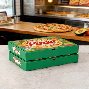 Cajas para <span class=keywords><strong>Pizza</strong></span> <span class=keywords><strong>Pinsa</strong></span>, Rectangulares Verdes, de Cartón Ranurado Reciclable, Impresión a Cuatro Colores, Empaque para Alimentos - Product Image 1