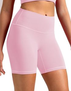 <b>Pink</b> High Waist Biker Shorts Women Solid Color Stretch Knitted Activewear Sporty Fit Elastic Waist Seamless Shorts - Product Image 5
