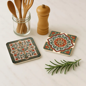 Juego de posavasos de madera Meena personalizados con patrón Meena hecho a mano, artesanía 3D hecha por blossom craft india - Product Image 4