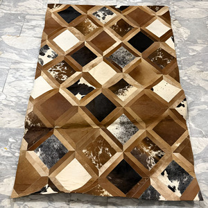 Elegant Handmade Hair on Hide Square Cowhide Area Rug Geometric <b>Leather</b> Block Patchwork ForFloor Carpet Living Room Home Styling - Product Image 4