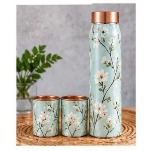 ชุดขวดน้ำทองแดงลายใบไพลินสีน้ำเงินกรมท่า ดีไซน์ใบไม้สีทอง พกพาสะดวก พร้อมฝาปิด - Product Image 5