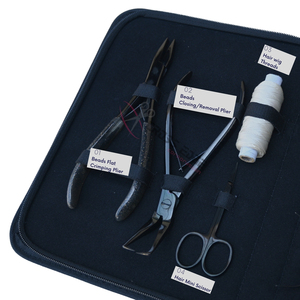 Black Salon hair <b>Extension</b> Tool Kit with 7 Inch Flat <b>Beads</b> Crimping Plier <b>Beads</b> Closing Removal Tool Hook Loop Curved Needles - Product Image 3