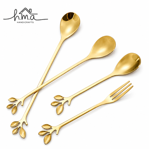 Handcrafted Brass Salad <b>Serving</b> Set <b>Gold</b> Branch Handle Stainless Steel <b>Spoon</b> Fork Leaf Design Elegant Kitchen Cutlery - Product Image 3