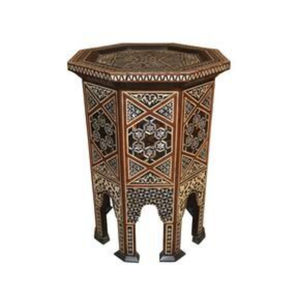 Table d'appoint marocaine artisanale en bois avec incrustation de nacre, finition vintage, accent moorish, design arabe, piédestal octogonal - Product Image 1