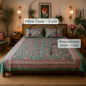 Parure de lit 3 pièces en coton imprimé à la main de Jaipur, taille King, teintures non toxiques, douce, respirante, durable, écologique, toutes saisons - Product Image 6