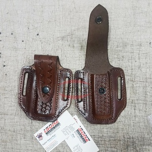 Étui en cuir végétal brun à anse pour couteau de chasse pliant, style sculpté, avec boucle de ceinture - Product Image 4