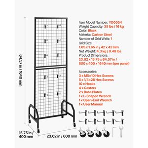 Pannello a Griglia in Filo d'Acciaio Nero 1,9 x 5,4 ft, Espositore Mobile per Arte con 10 Ganci e Ruote per Espositori - Product Image 4
