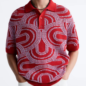 เสื้อเชิ้ตผู้ชายสีแดงถักนิตติ้ง ระบายอากาศได้ดี มีโลโก้ด้านหน้า แขนสั้น ทรงสมาร์ทแคชชวล ปกคอพับได้ - Product Image 3