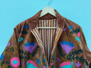 Yellow Suzani <b>Velvet</b> Bomber <b>Jacket</b> Embroidered Reversible Boho Vintage Floral Pattern Winter Autumn Cotton Filled Linen Lined 25 - Product Image 4