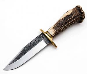 Couteau utilitaire artisanal en acier brut finition forgeée, pointe tombante, manche en corne de cerf, DIY OEM - Product Image 3