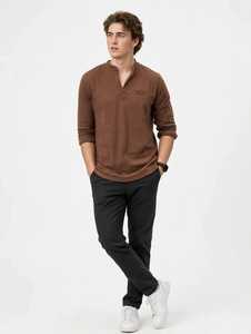 Oneten <b>Men's</b> Brown Long Sleeve <b>Henley</b> <b>Shirt</b> Casual Cotton Pocket Pullover Tee - Product Image 4