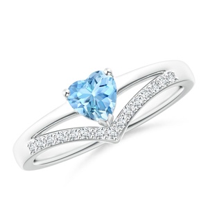 Anillo de boda hecho a mano de oro de 14 quilates con piedra preciosa de aguamarina natural de corte corazón de alta calidad y banda de diamantes pavé en forma de chevron para ella. - Product Image 4
