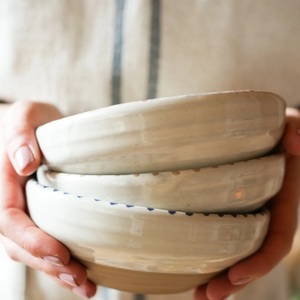 Elegant Ceramic <b>Pasta</b> Bowl with Minimal Blue Botanical Detailing Smooth Fired Finish and Versatile Dining Depth - Product Image 3
